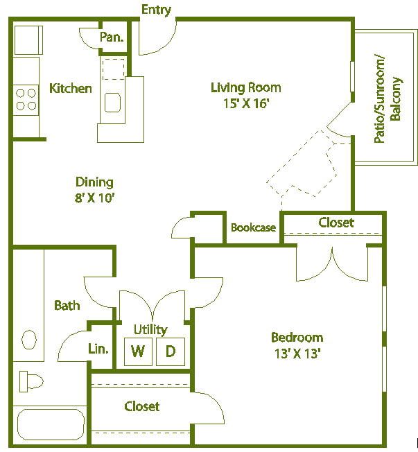 Floor plan for 1 bed, 1 bath, 806 sqft